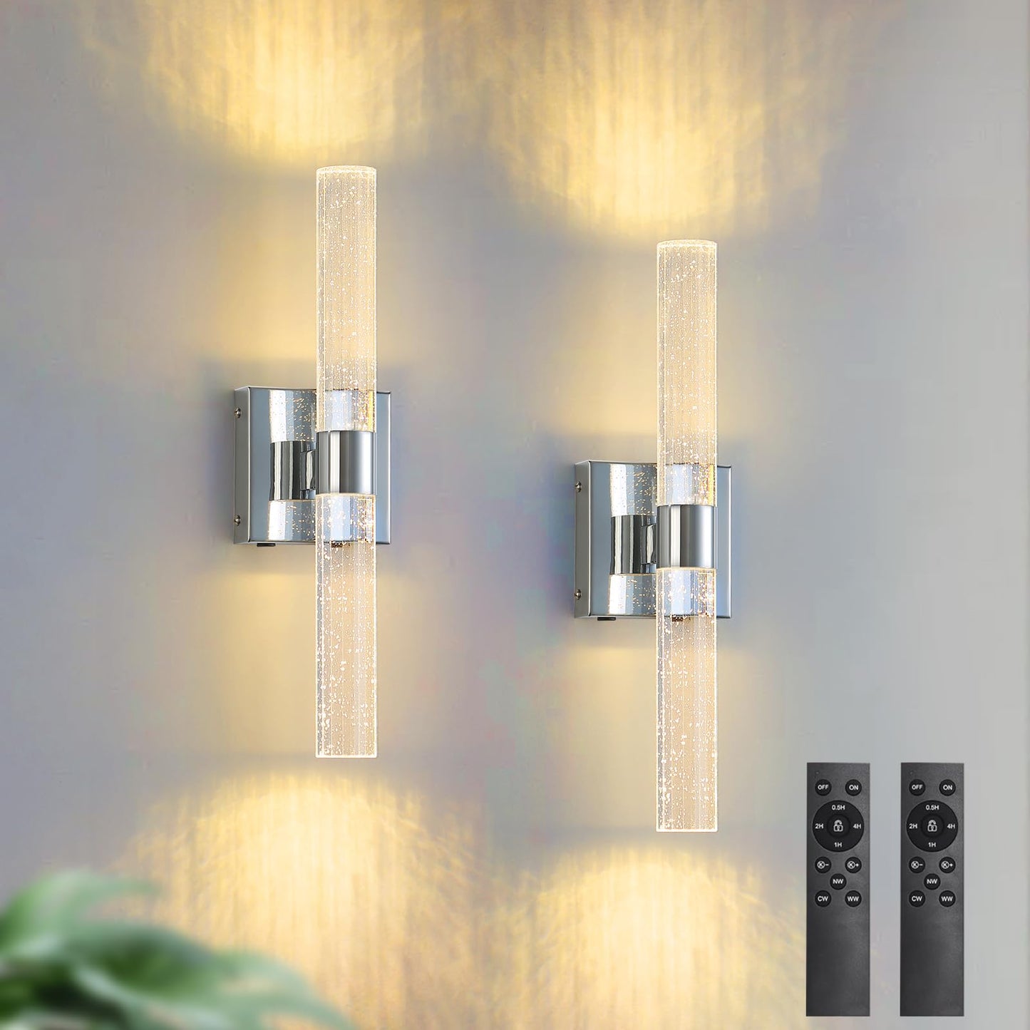 Hongren 17 Inch Chrome Battery Operated Wall Sconces Set Of Two Rechargeable Battery Powered Wall Light With Remote Control Led Dimmable Lamp Fixtures For Living Room Bedroom Hallway (2 Pack)