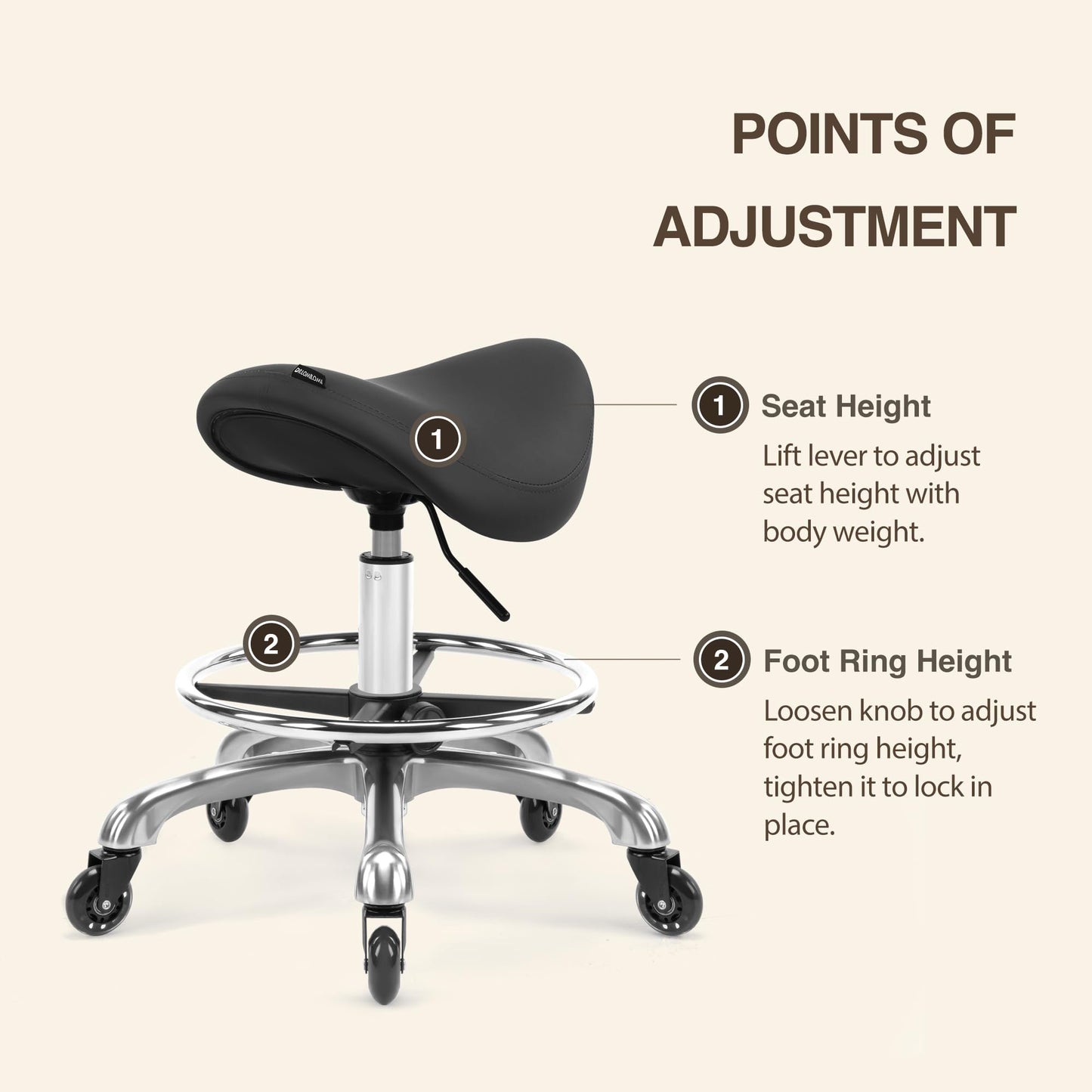 DR.LOMILOMI Ergonomic Saddle Stool, Adjustable Pneumatic Swivel Rolling Saddle Seat with Wheels for Hygienic, SPA, Salon, Home and Office, Haku 506 Series