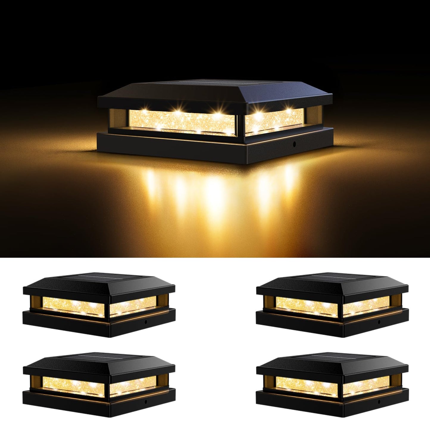 Solar Light Outdoor 4 Packs  Waterproof Solar Powered Post Cap Light For 4X4 4.5X4.5 5X5 Vinyl/Wooden Post With Warm/Cool Lighting  Black 16Leds Deck Cap Lights For Outside  Garden  Patio  Porch