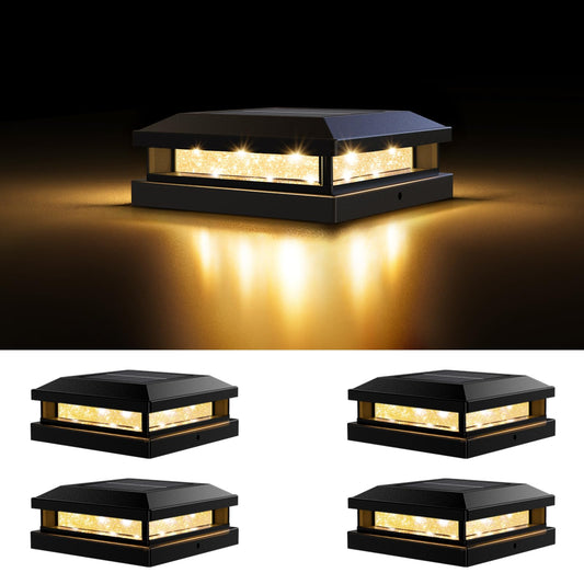 Solar Light Outdoor 4 Packs  Waterproof Solar Powered Post Cap Light For 4X4 4.5X4.5 5X5 Vinyl/Wooden Post With Warm/Cool Lighting  Black 16Leds Deck Cap Lights For Outside  Garden  Patio  Porch