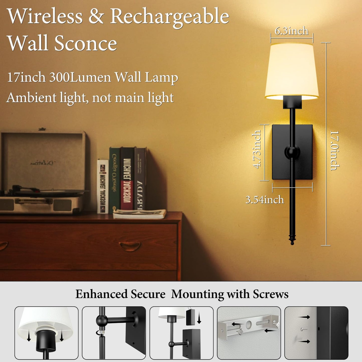Rechargeable Battery-Operated Wall Sconces Set Of 2: Black Wireless Wall Lights With Touch And Remote  6000Mah Battery Powered Scone Lighting Cordless Wall Lamp For Bedroom Living Room Hallway
