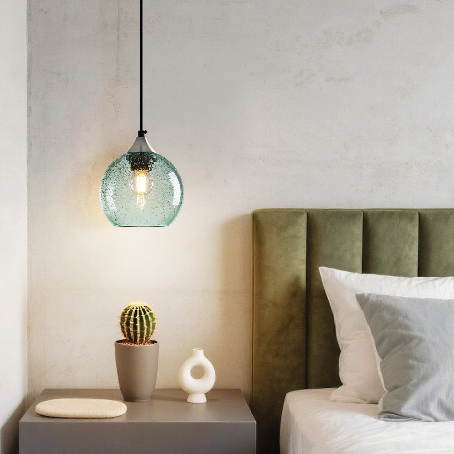 Lbsqj Light Green Glass Pendant Lights Kitchen Island Globe Pendant Light Fixtures Modern Pendant Lighting For Bedroom Living Dining Room Light Fixture (5.9 In  2 Pack)