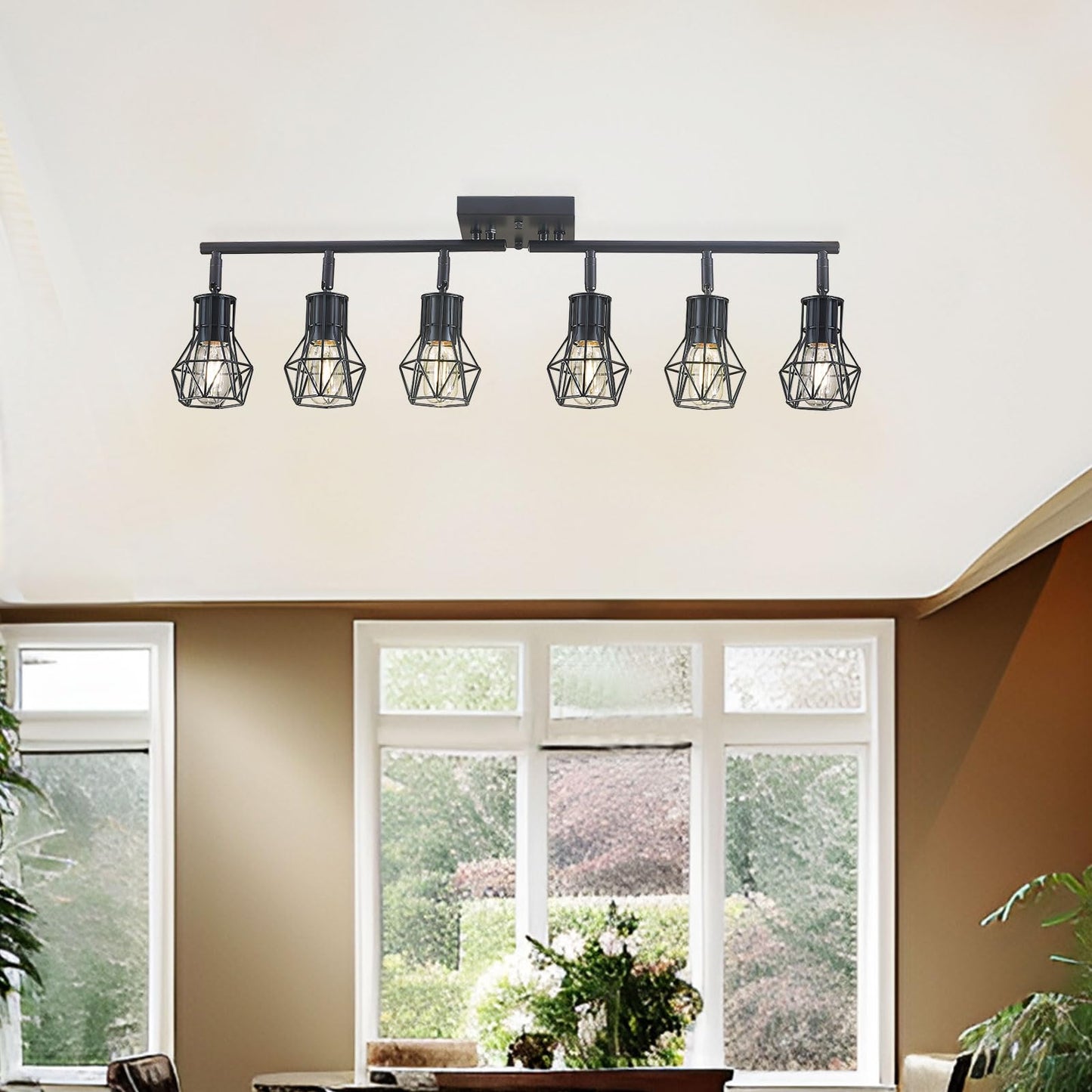 Banganma Black Track Lighting Fixtures Ceiling 6-Light Farmhouse Track Lighting With Metal Cage Design - Kitchen Lights Ceiling Mount For Kitchen  Living Room  Dining Room (E26 Base)