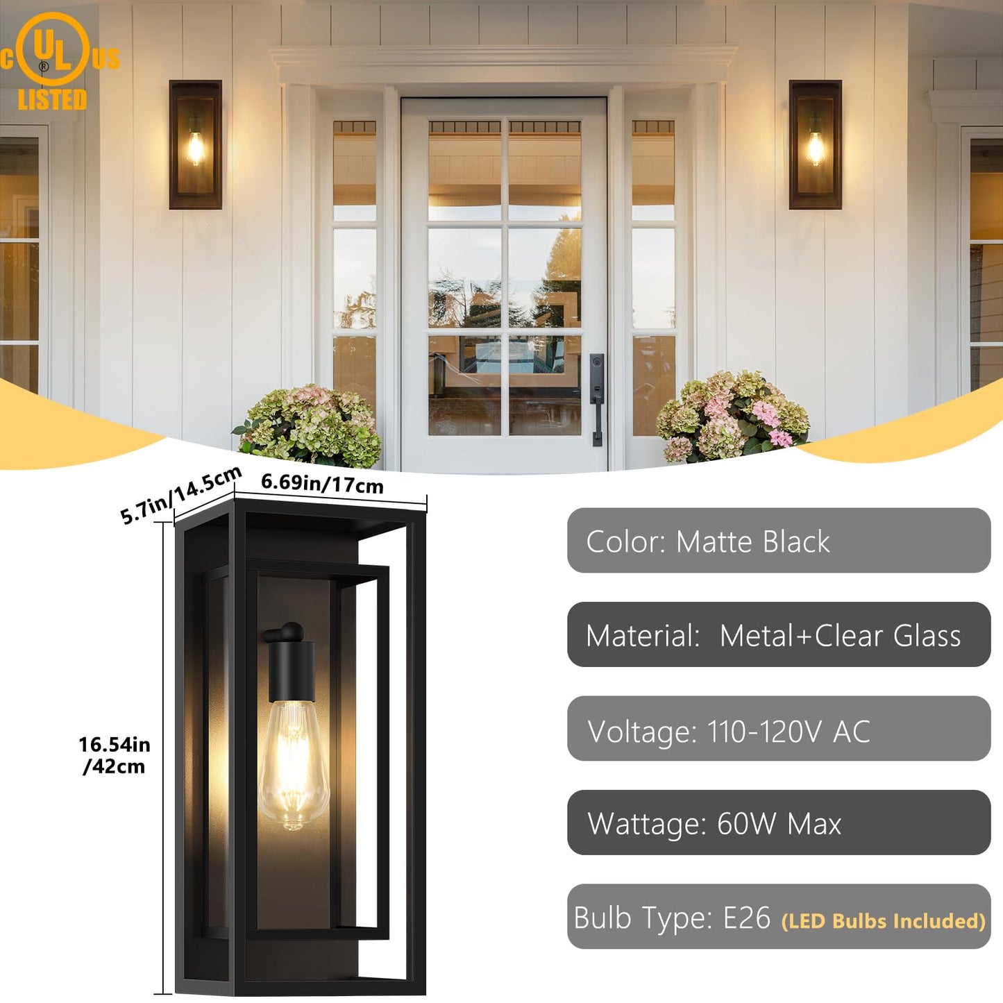 Feanron 16.5 Large Outdoor Wall Lights  1 Pack Matte Black Exterior Waterproof Lanterns With Frame And Clear Glass Shade  Modern Porch Sconces Wall Mounted Lighting For House  Front Door  Garage