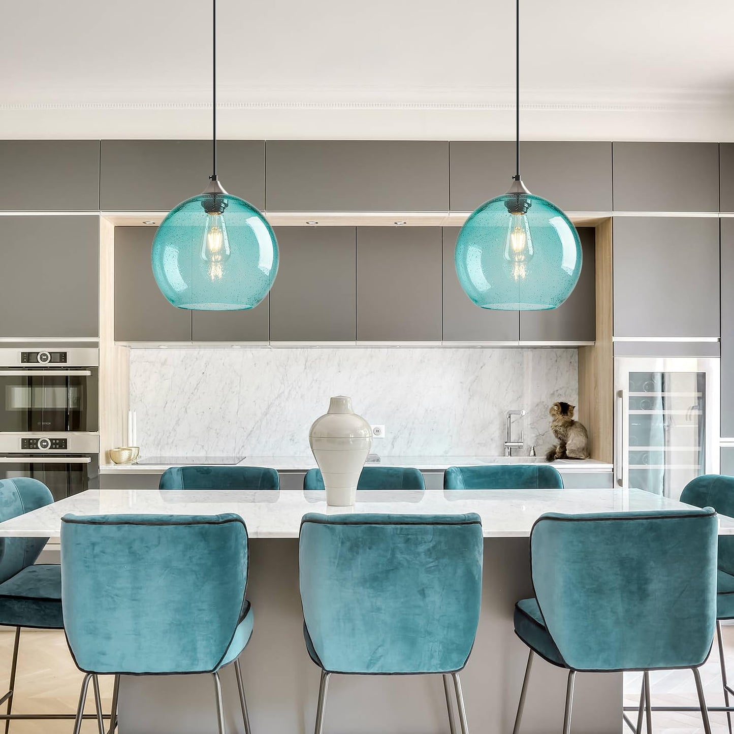 Lbsqj Light Blue Glass Pendant Lights Kitchen Island Globe Pendant Light Fixtures Modern Pendant Lighting For Bedroom Living Dining Room Light Fixture (9.84 In  3 Pack)