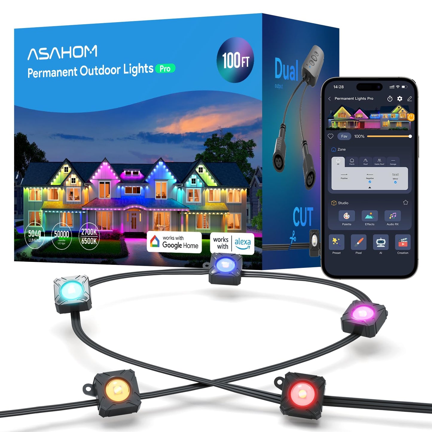 Asahom Permanent Outdoor Light Pro S108B  100Ft With 72 Rgbcw 70Lm Led  Wled Integration  Ai Lighting  30000 Lighting Effect Combination  Ip67 Waterproof For Halloween Christmas And Daily Decor  Black