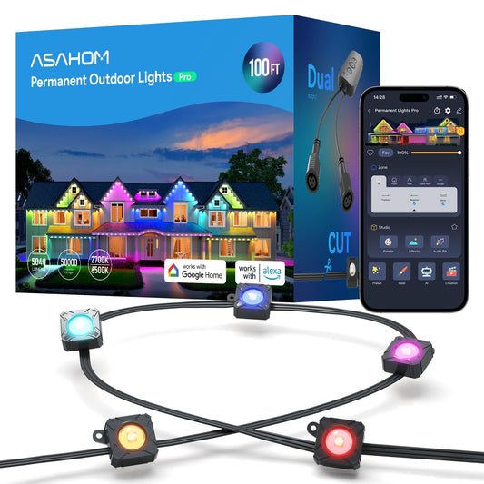 Asahom Permanent Outdoor Light Pro S108B  100Ft With 72 Rgbcw 70Lm Led  Wled Integration  Ai Lighting  30000 Lighting Effect Combination  Ip67 Waterproof For Halloween Christmas And Daily Decor  Black