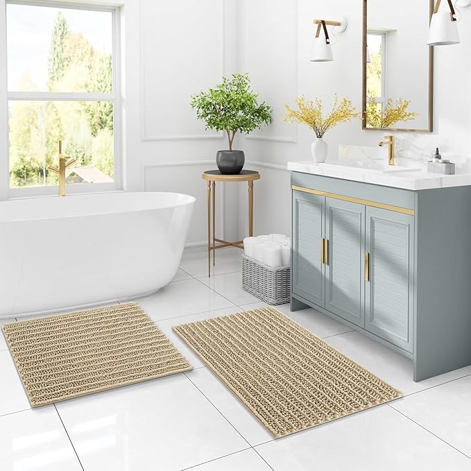 Arotive Luxury Chenille Bathroom Rug Mat, Extra Soft Thick Absorbent Shaggy Bath Rugs, Non-Slip Machine Wash Dry, Plush Bath Mats for Bathroom, Shower and Tub, 44x24, Beige
