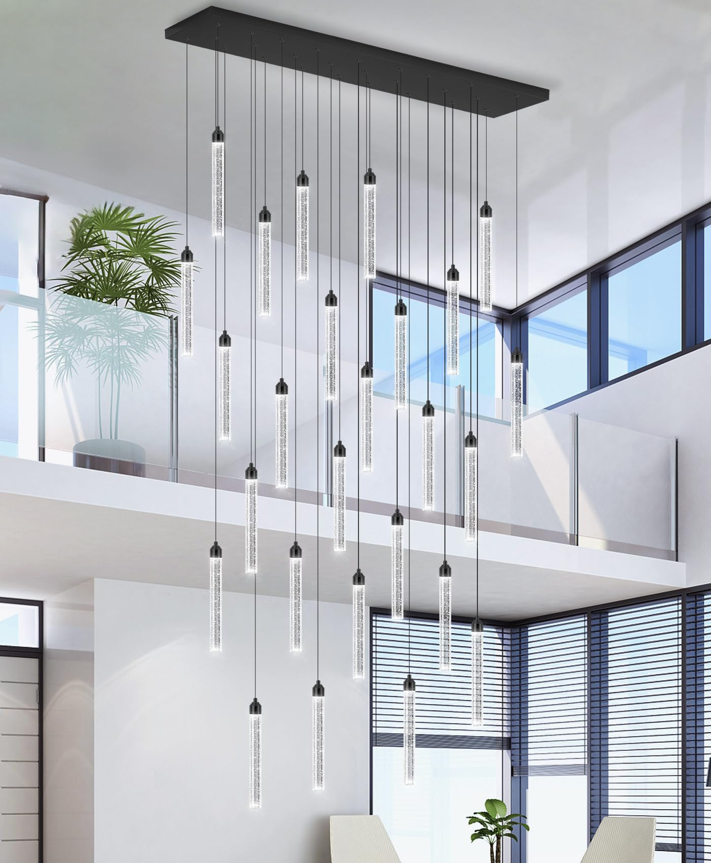 Rectangular Chandeliers 26-Lights Long Light For Entryway Led Dimmable Chandeliers Lighting Fixture Flat Sloped High Ceiling Pendant Lights Crystal For Living Room Foyer Hallway Staircase Black