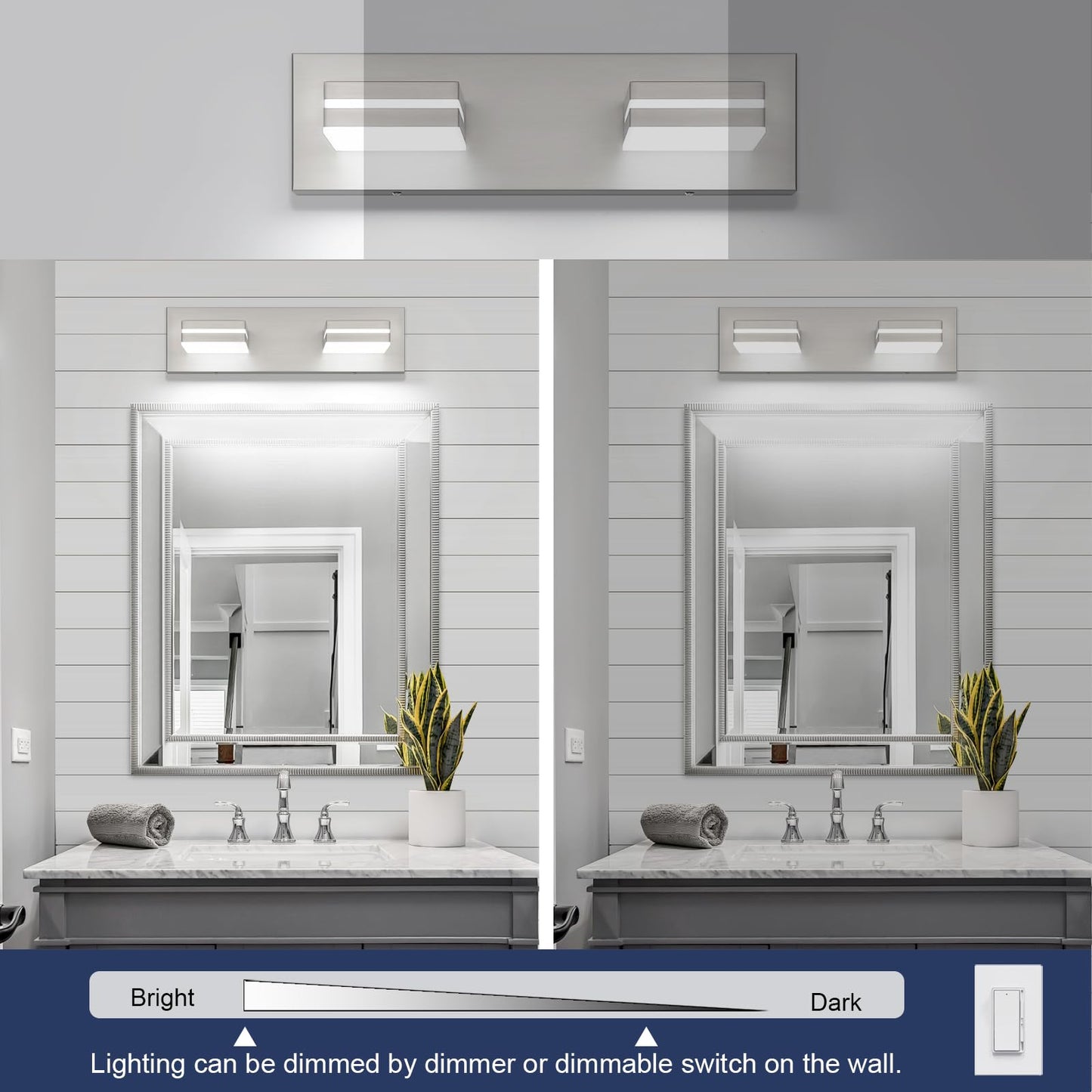 Sinerise Led Modern Bathroom Vanity Light Fixtures (2-Light  15.5-Inch  Dimmable)  Brushed Nickel Modern Acrylic Bathroom Wall Lighting Fixtures Over Mirror (Cool White 6000K)