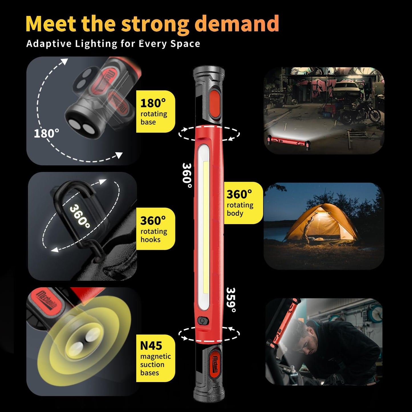 Mechanilite Under Hood Work Light Bar  3000Lm Led Magnetic Light Bar With Hooks  5200Mah Cordless Rechargeable Hood Light For Mechanic/Car Repairing/Garage-Red