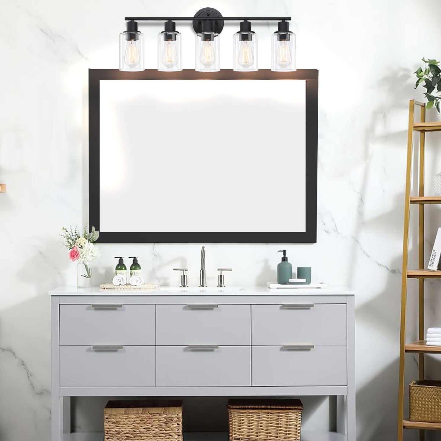 Faymart Lighting 5-Light Black Bathroom Vanity Light Fixture Over Mirror - 5 Bulb Black Wall Sconce For Bathroom Bedroom Hallway Wall Mount Fixture Over Kitchen Sink