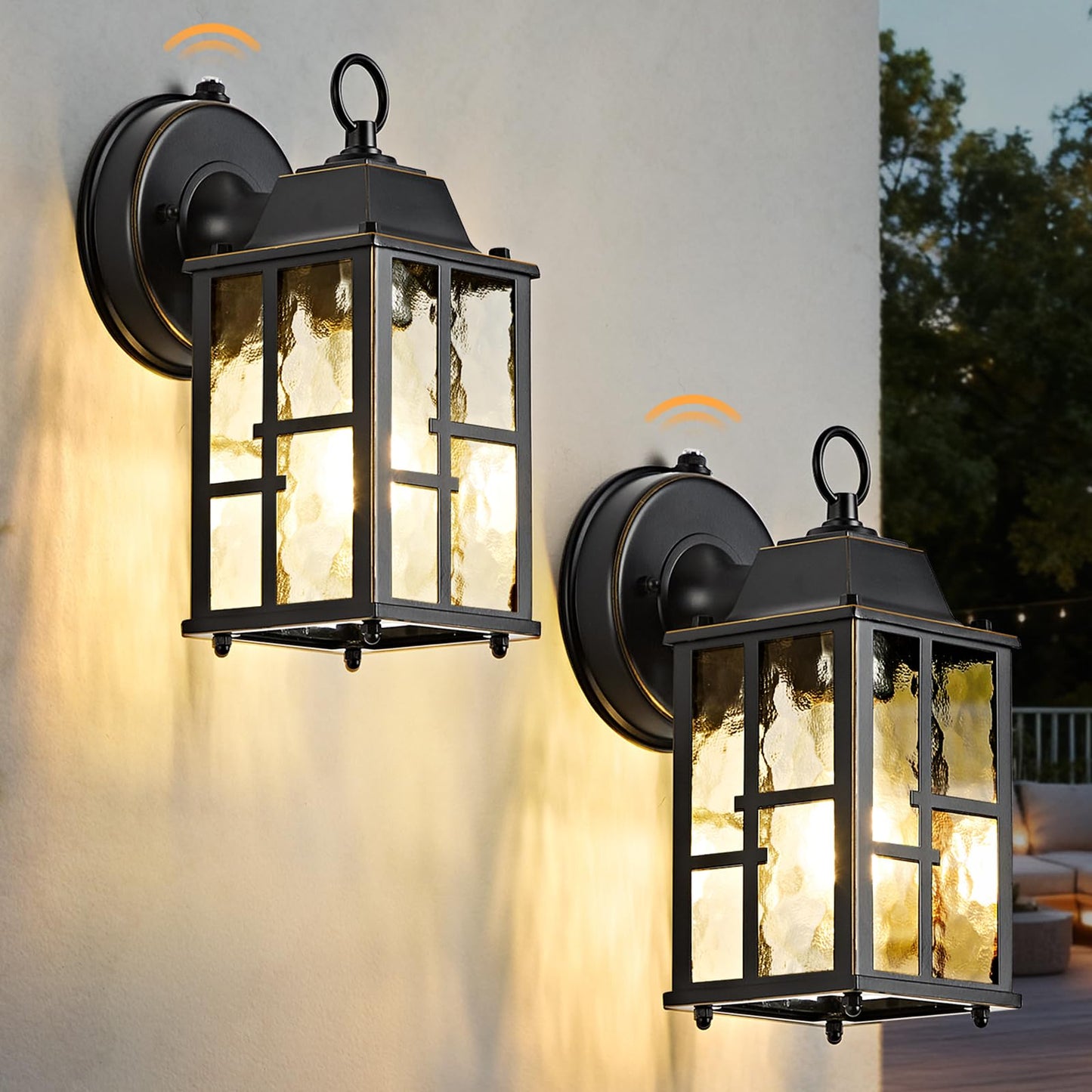 Okeli 2-Pack Dusk To Dawn Outdoor Wall Lights  Weatherproof Exterior Lighting Fixture Wall Mount  Aluminum Ripple Glass Porch Light  Anti-Rust Outside Wall Sconce For House  Garage(Black&Gold-Trim)