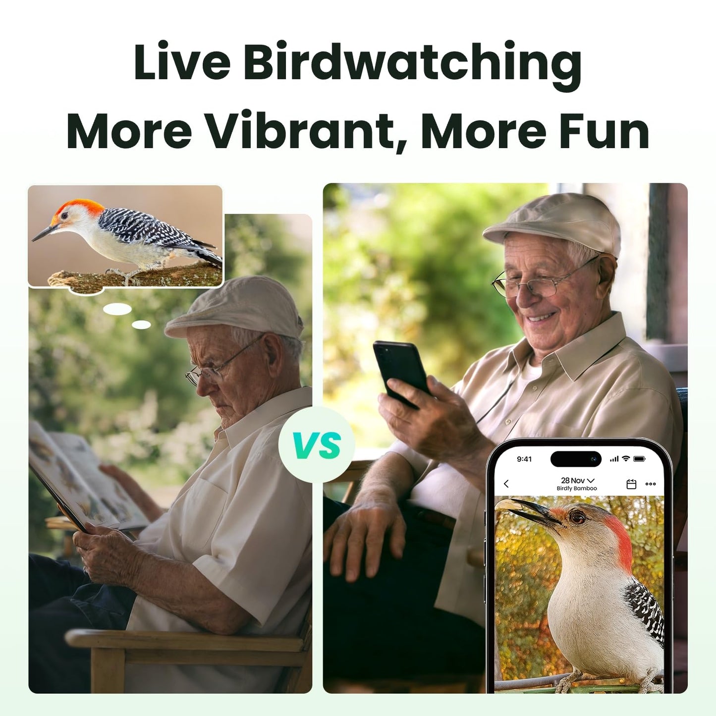 Birdfy Smart Bird Feeder with Camera, Solar Powered 2K Live tream Bamboo Wood feeder& Metal Guard, AI Identify Birds & Auto Record Video, Wild Birds Watching Ideal Gift for Chistmas for mom,Bird-Lover