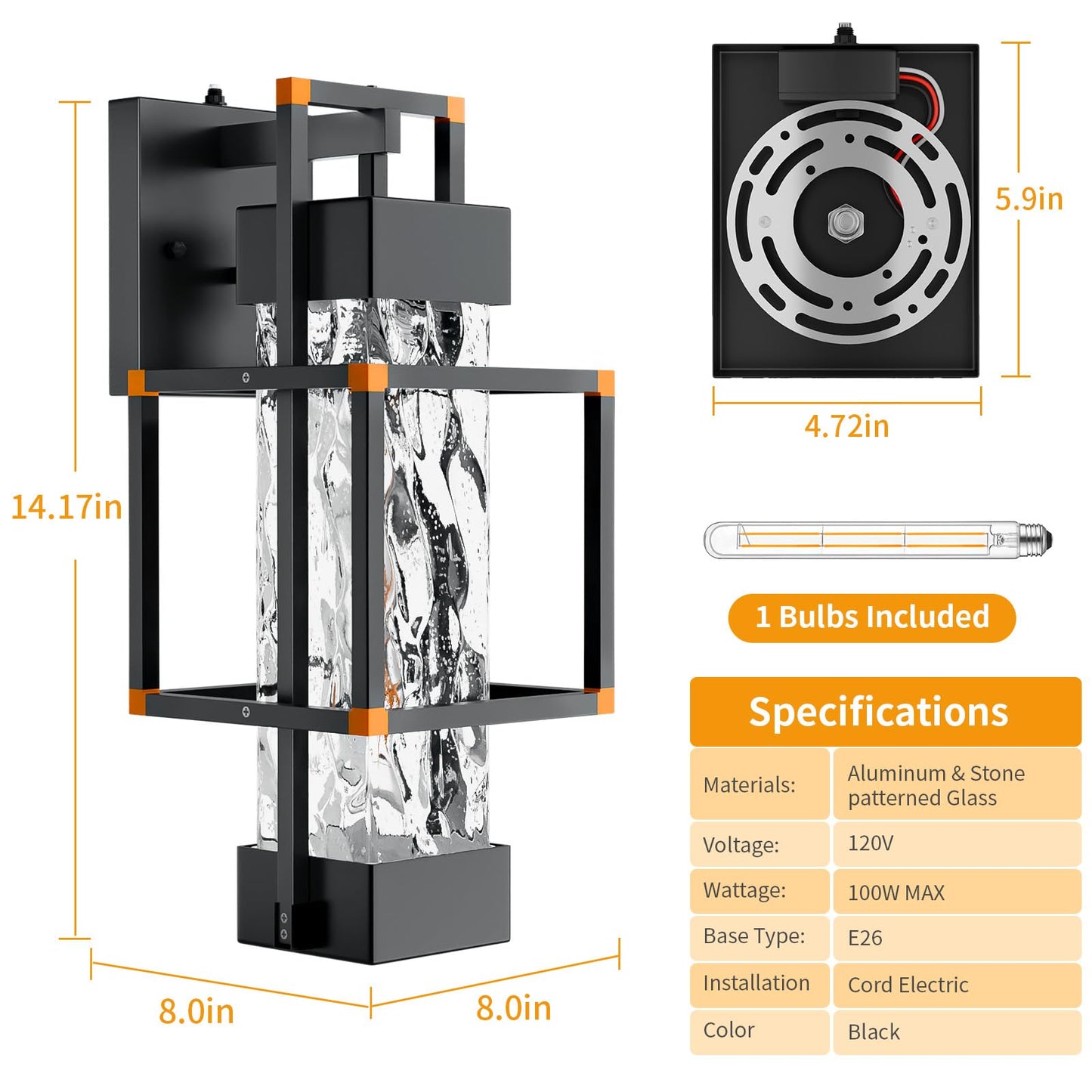 Hotsonic 1 Pack Dusk To Dawn Outdoor Porch Light Fixtures Wall Mount  14 Dimmable Exterior Lighting For Outside  Waterproof Wall Lantern Lamps  Orange Sconce Coach Lights For House  Garage