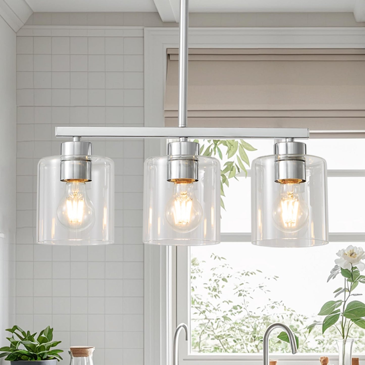 3-Light Silver Kitchen Island Lighting  Silver Pendant Light Fixture  Farmhouse Dining Room Light Fixtures Over Table  Modern Hanging Light Fixtures With Clear Glass  E26 Base  Bulbs Not Included