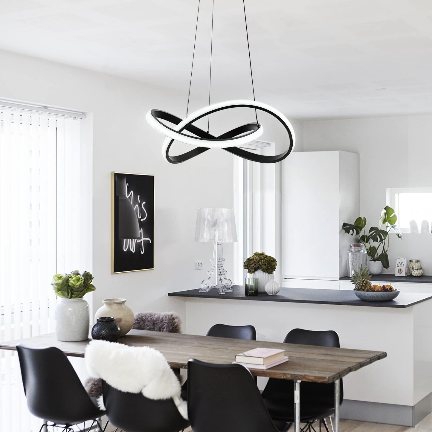 Mayna Modern Chandelier With Remote Control  Dimmable Led Pendant Light Fixtures With 3 Color Temperature  Height Adjustable Kitchen Island Lighting For Dining Room Kitchen Entryway  Black 19.7 Inch