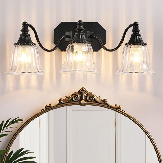 Dvmteom Black Vintage Bathroom Vanity Light Fixture  3-Light Vanity Light For Bathroom  Antique Matte Black Finish With Crystal Glass Shade  Lighting Fixtures Over Mirror For Bedroom Living Room