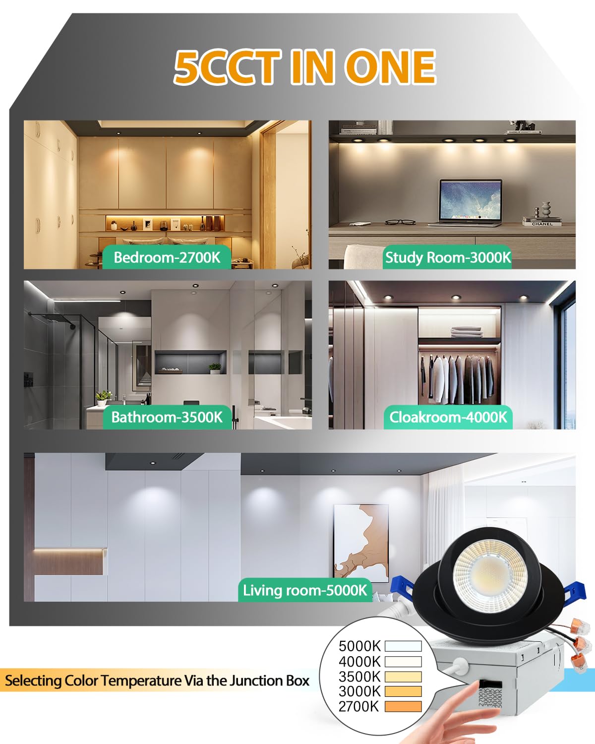 Zouzai 3 Inch 5Cct Gimbal Black Led Recessed Lighting With Junction Box  2700K/3000K/3500K/4000K/5000K  7W Eqv 80W  360+90 Adjustable Led Recessed Lights  798Lm Brightness - Etl (Black  6 Pack)
