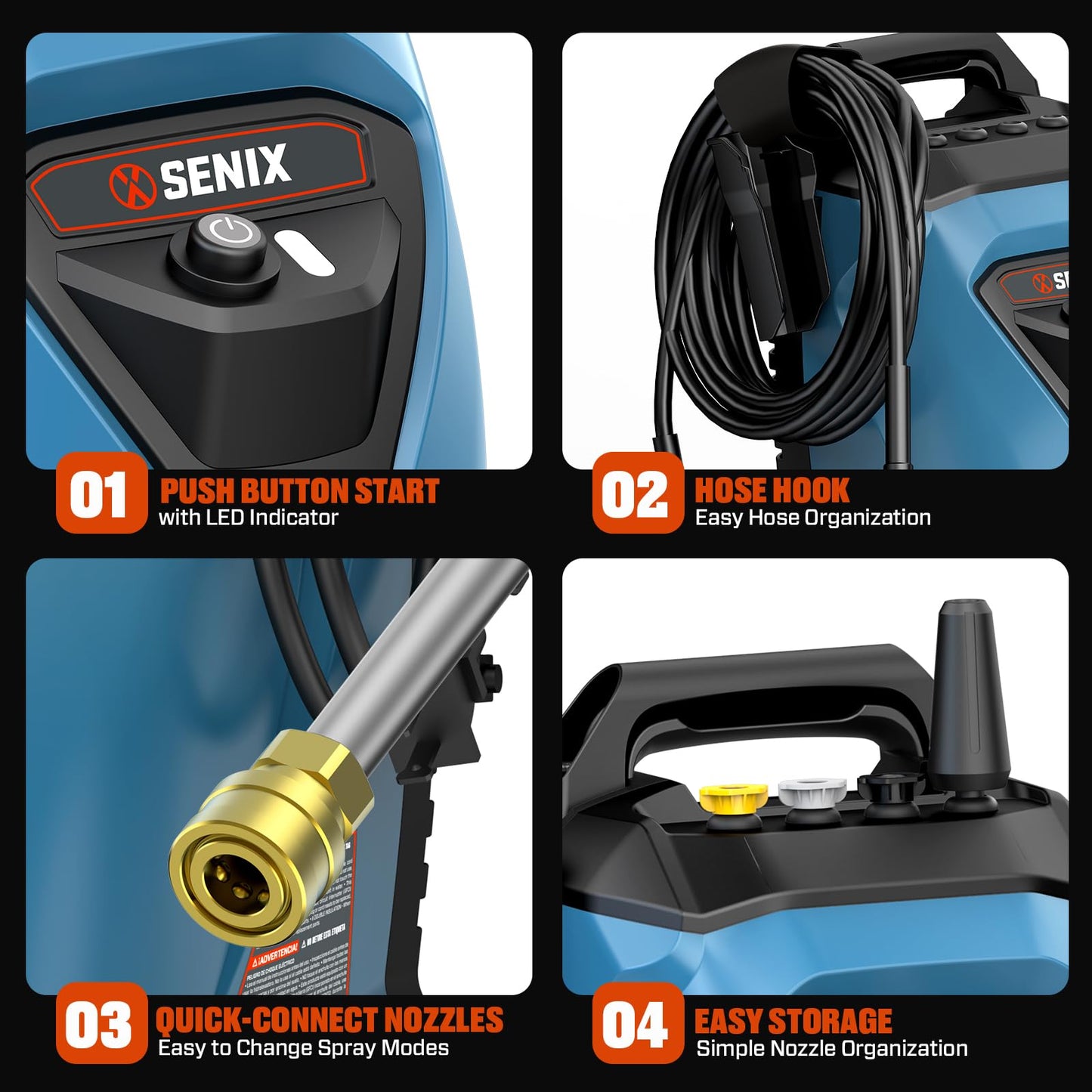 SENIX 2000 PSI Electric Pressure Washer, 1.2 GPM Compact Power Cleaner w/ 4 Nozzles, 25ft Hose & 35ft Cord. Portable High-Pressure Sprayer for Cars, Driveways, Patios, Decks & Home Outdoor Use