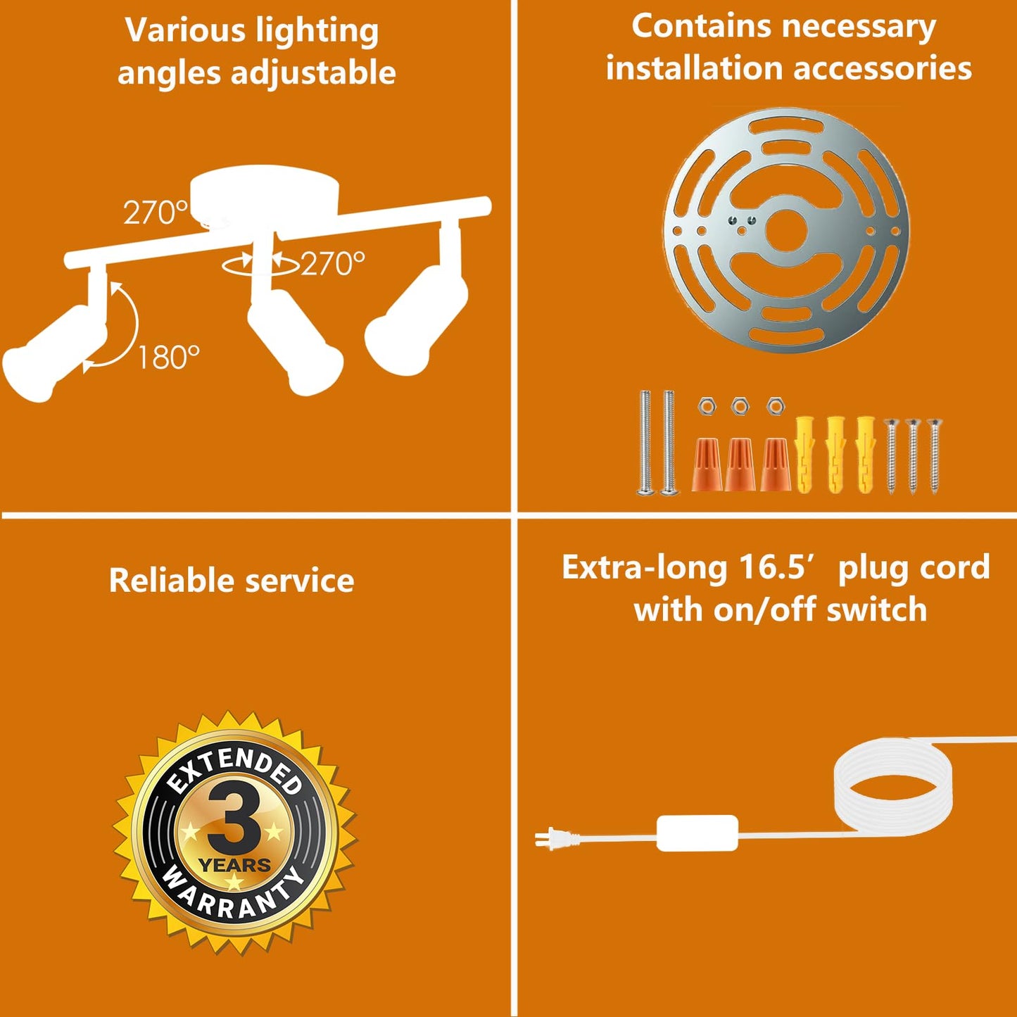 Vivihobb Plug In Track Light White 4 Light Plug In Ceiling Lighting Fixture With 16.4 Long Cord 4 Way Ceiling Spotlight Rotatable Wall Mount Light Head