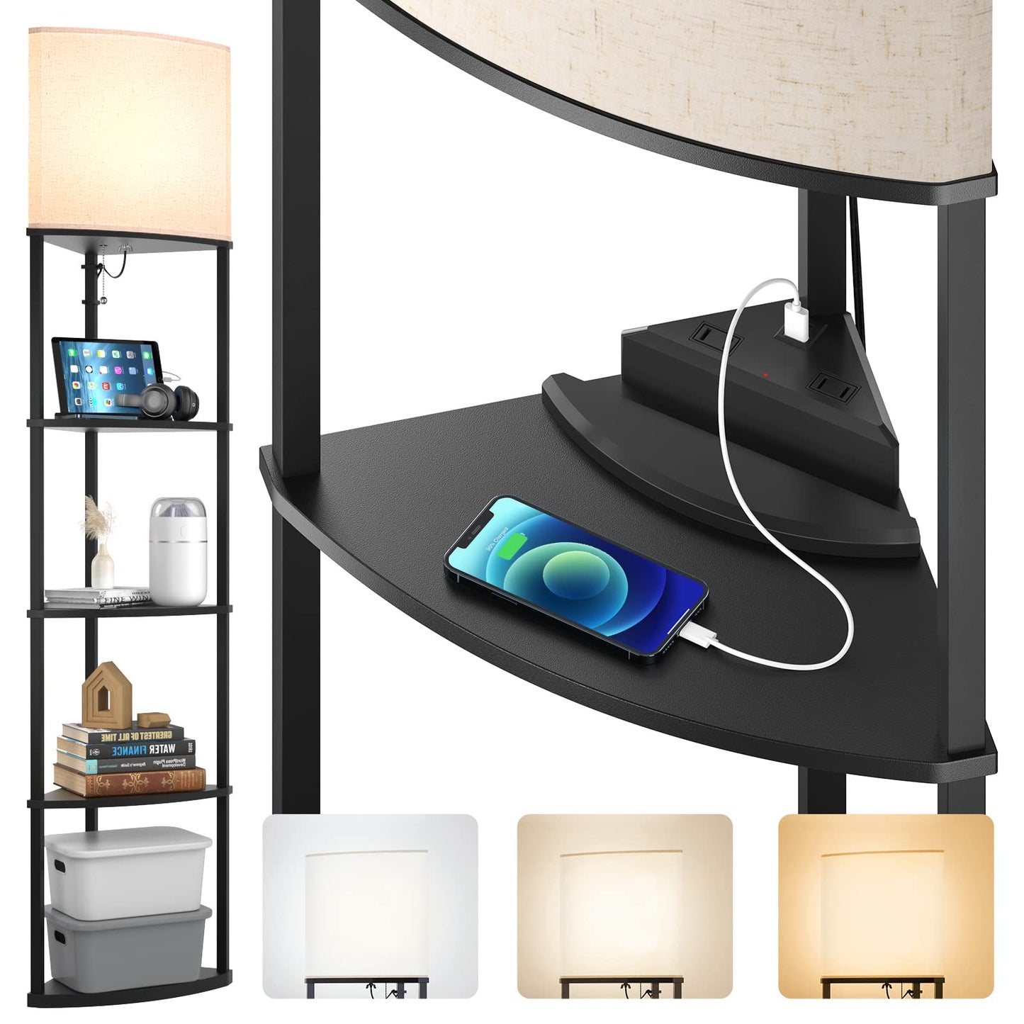 addlon 5-Tier Corner Shelf Floor Lamp, USB Port, 3CCT LED Bulb, 70Inch, Black, Model FLAD007