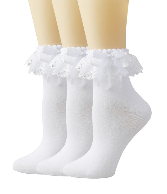 Lace Ruffle Socks for Women, Frilly Ankle Socks with Bow