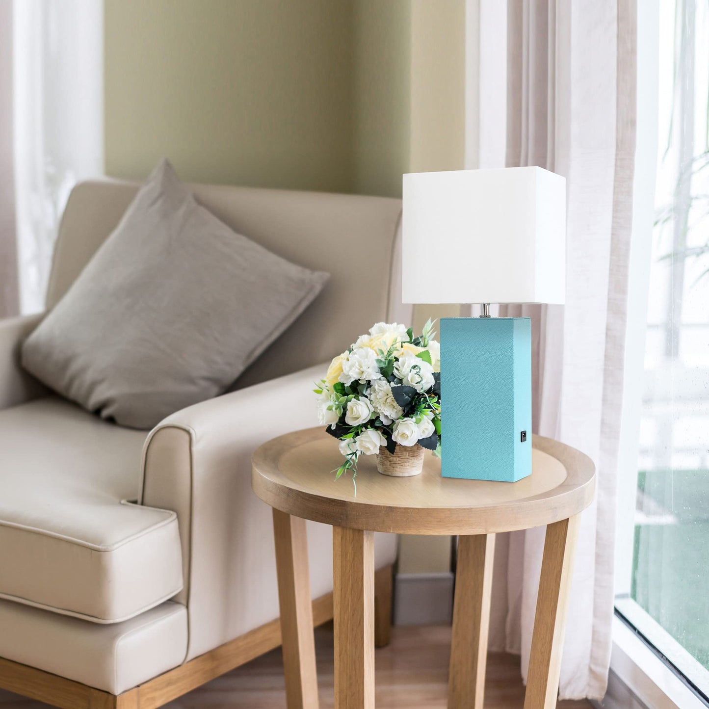 Lalia Home Bedside Table Lamp with USB Charging Port, 21in Aqua Leather Base, White Fabric Shade, Model 1270-LHT-3012-AU
