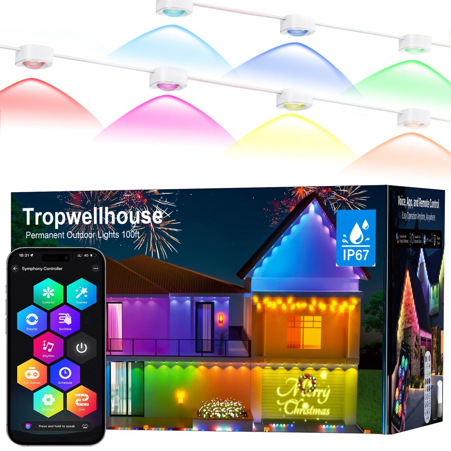 Tropwellhouse Permanent Outdoor Light Pro  100Ft With 72 Rgb+Ic Led Lights  90 Scene Modes  Ai Light Design  Ip67 Waterproof For Halloween Christmas Decor And Daily Lighting  Work With Alexa  Google