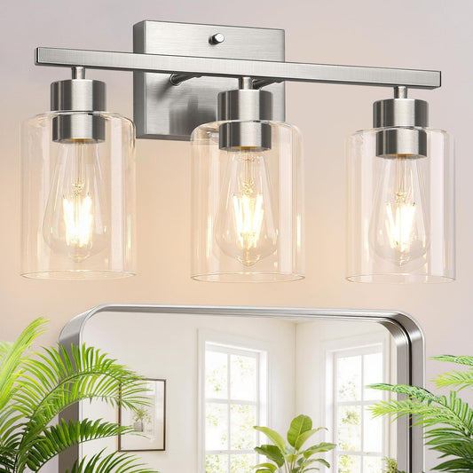 Meybiok 3-Light Bathroom Light Fixtures  Brushed Nickel Vanity Lights  Bathroom Lighting With Clear Glass Shade  Vanity Lighting Fixtures For Mirror Kitchen Bedroom Hallway Living Room