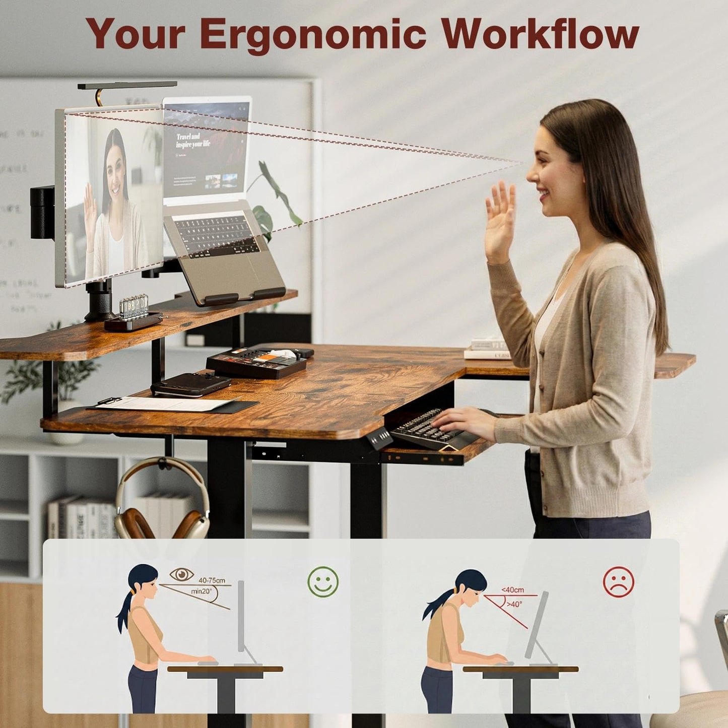 Acrolix 59 Inch L Shaped Standing Desk with Shelves and Keyboard, Electric Corner Standing Desk Adjustable Height, Sit Stand Computer Table with Reversiable Splice Board，Rustic Brown