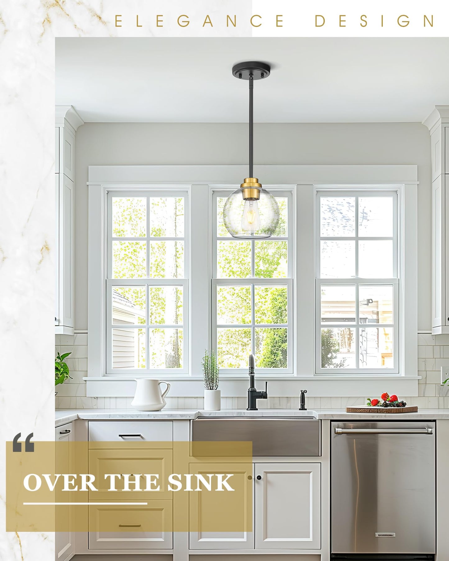 Audickic Pendant Lights Kitchen Island  7 Black And Gold Hanging Lights Fixtures With Clear Glass Globe Shade  Modern Kitchen Island Lighting For Bathroom  Ad-22280-1P-Kg