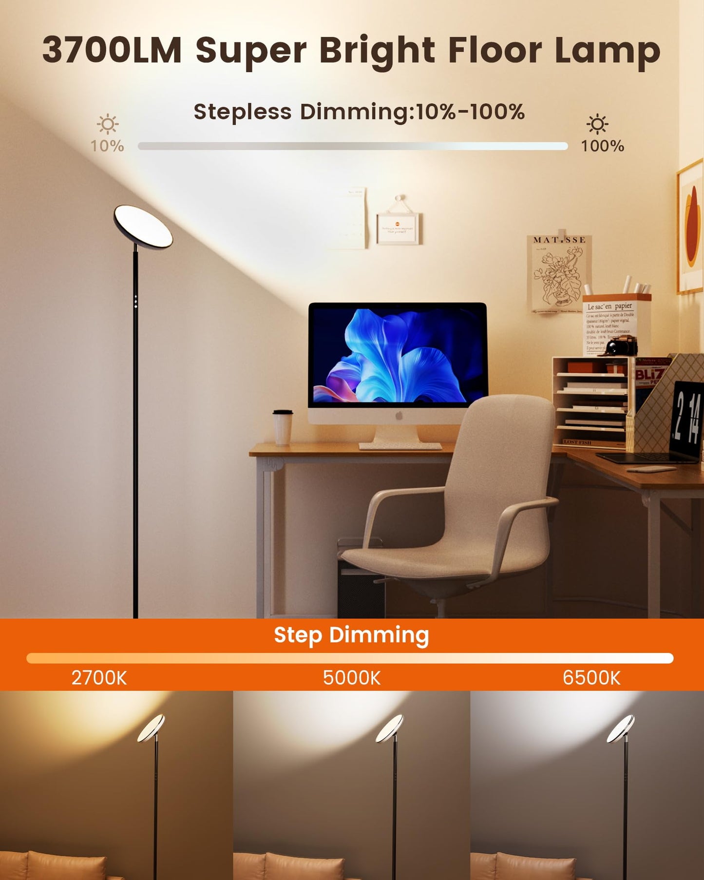 WOWLUMEN Floor Lamp, Modern Torchiere Sky LED, 42W 3700LM, Dimmable, Remote, 5 Color Temperatures, Black, Model FLG-042