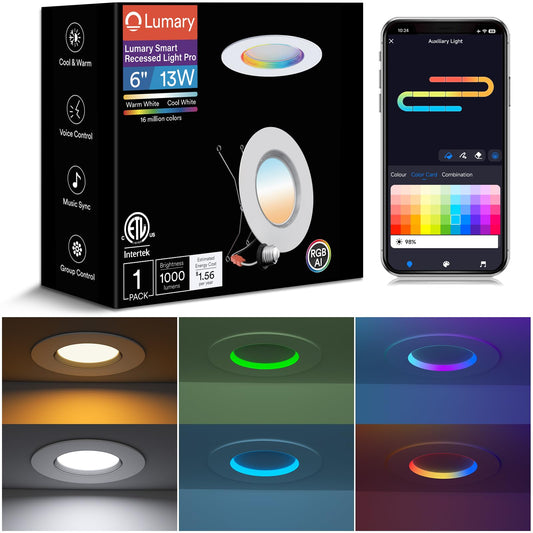 Lumary Smart Retrofit Led Recessed Lighting 5/6 Inch W/Rgb Ring  Etl Rgbai Retrofit Can Light Cct Dimmable  Wi-Fi Bluetooth Connect  66 Scenes Mode  Work With Alexa Google  Cri 90 1000Lm  1 Pack