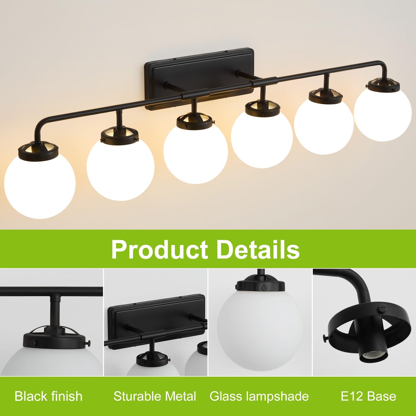 Deyidn Bathroom Light Fixtures Over Mirror  6-Light Matte Black Vanity Lighting With Milk White Glass Globe Shades Modern Wall Sconce
