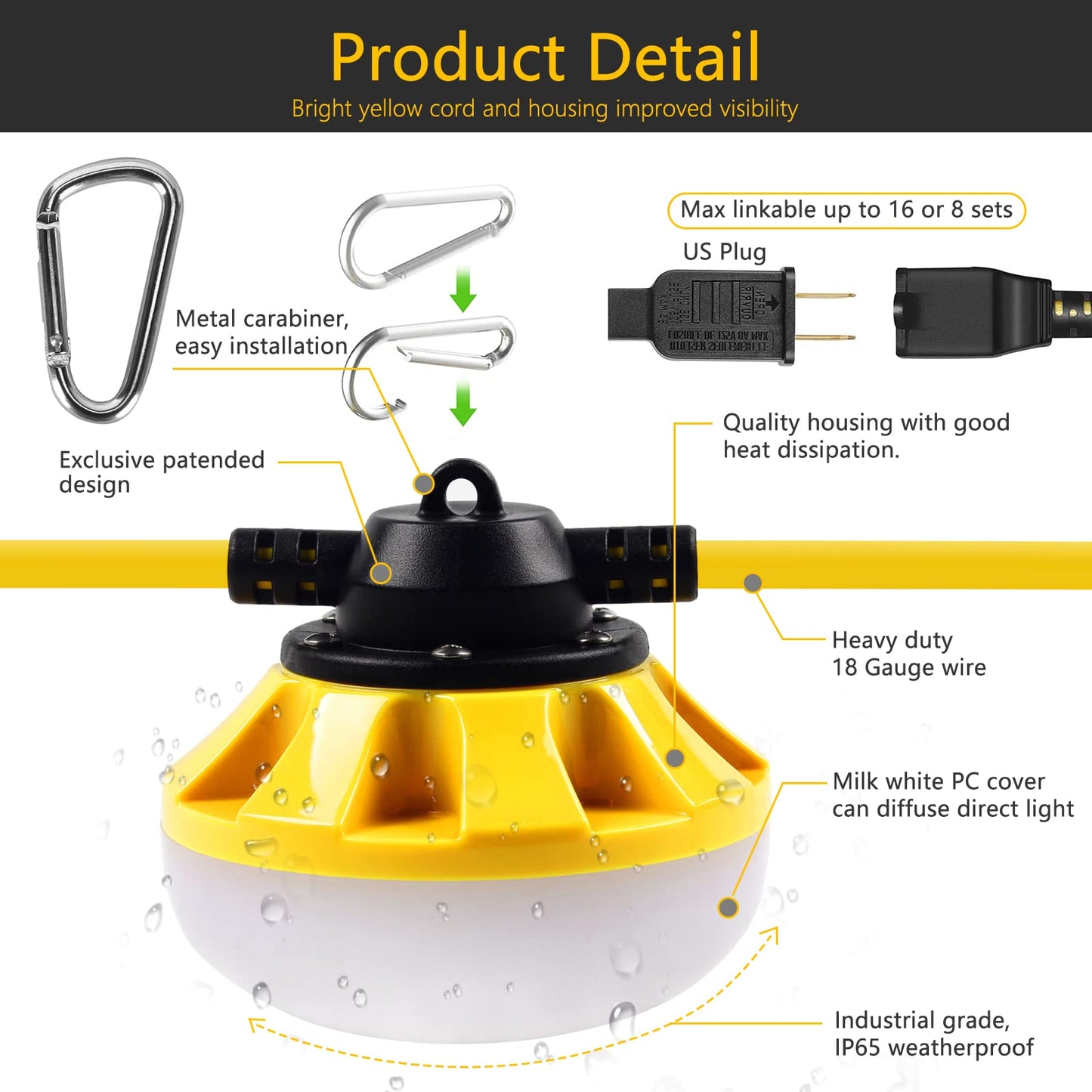 Muasdae 50FT LED Construction String Lights, Industrial Grade, Yellow, 2 Prong, Model zYd-g-011, Ideal for Outdoor Lighting Solutions