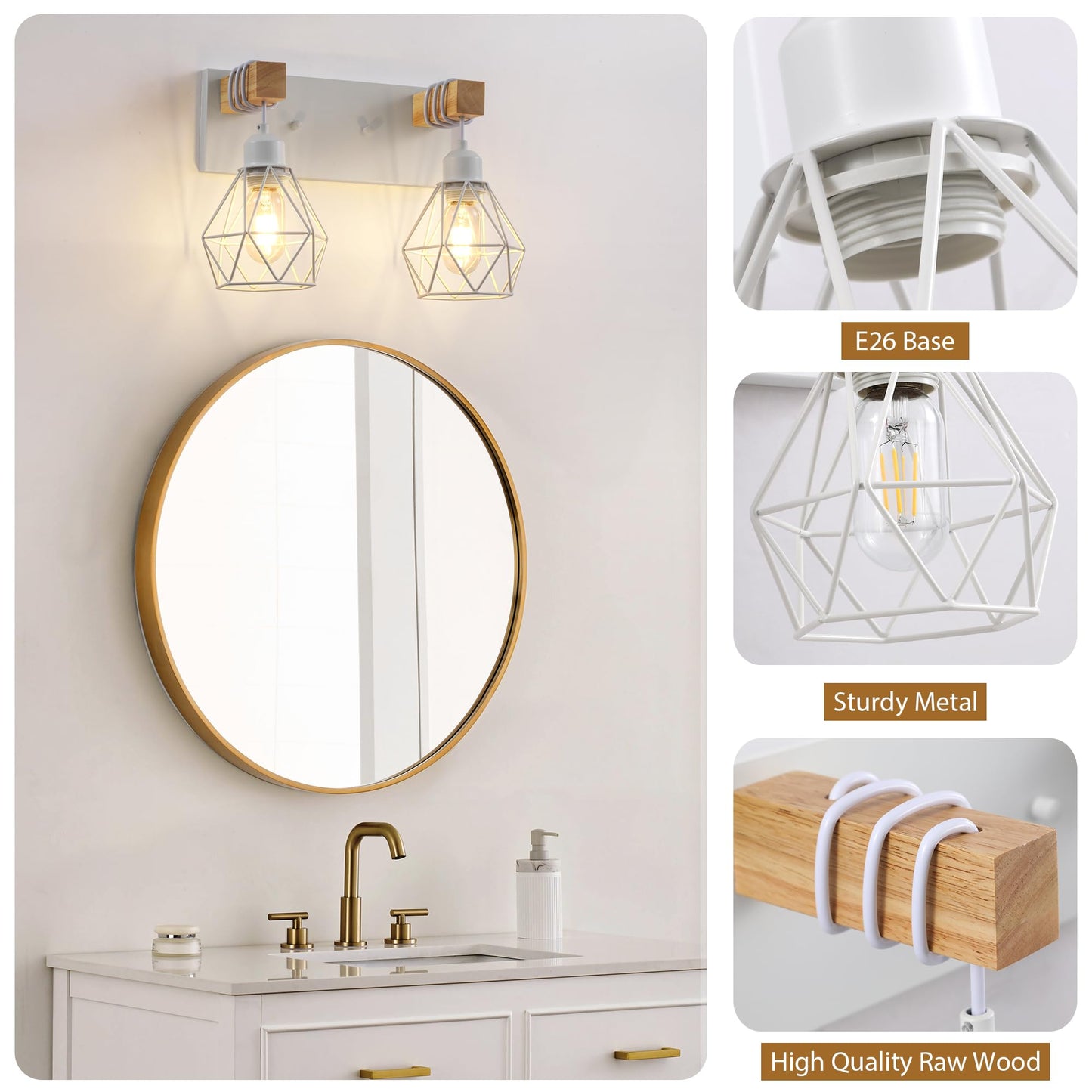 Farmhouse Vanity Light For Bathroom  2-Light White Wood Bathroom Vanity Light Fixtures Over Mirror  Rustic Sconces Wall Lighting With Metal Lampshade For Living Room  Bedroom  Hallway