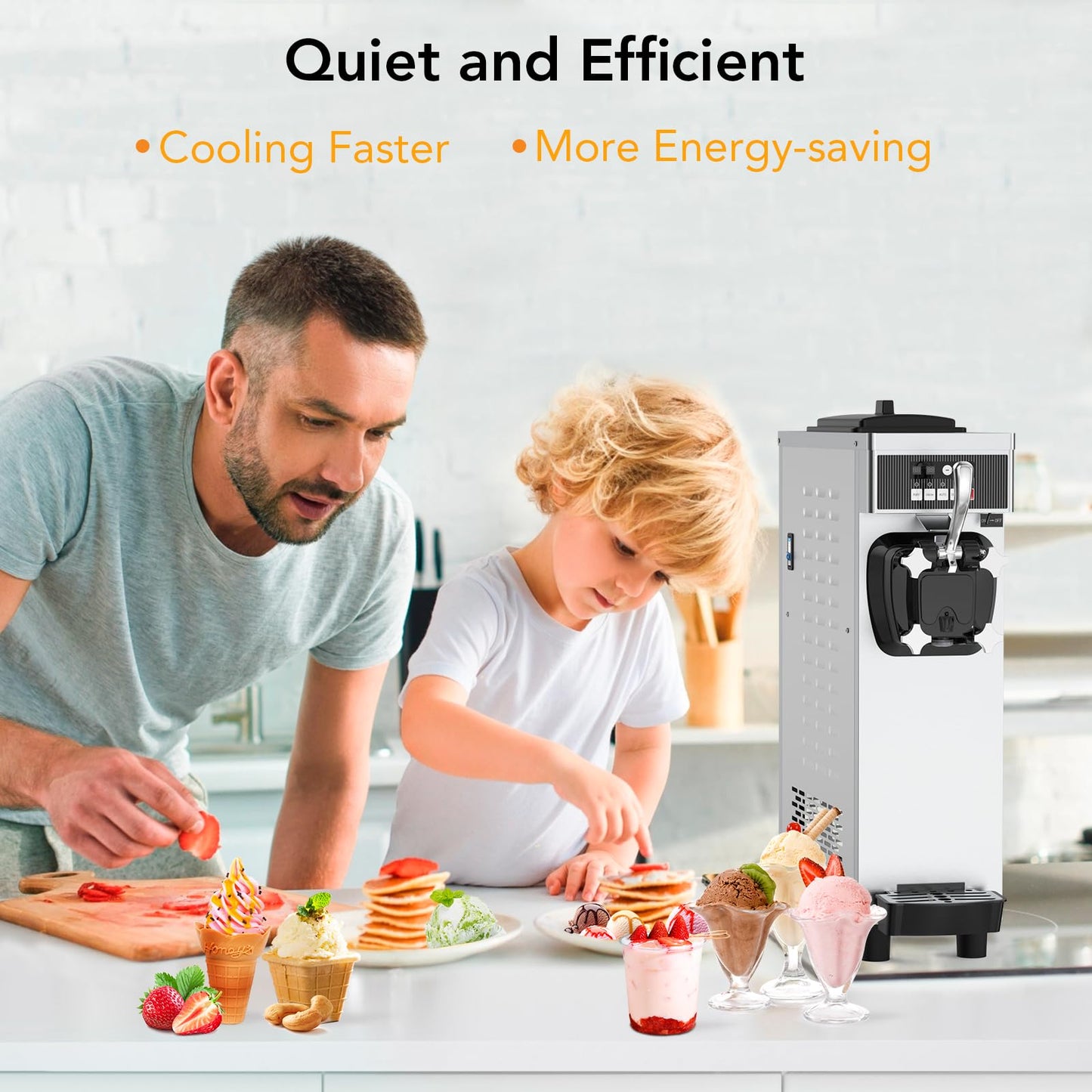 Single Flavor Soft Serve Ice Cream Maker Machine Commercial, 4.7-5.8 Gal/Hr Countertop Soft Serve Machine with LCD Display, Auto Clean Pre-Cooling High Productivity for Restaurants & Snack, 1200W