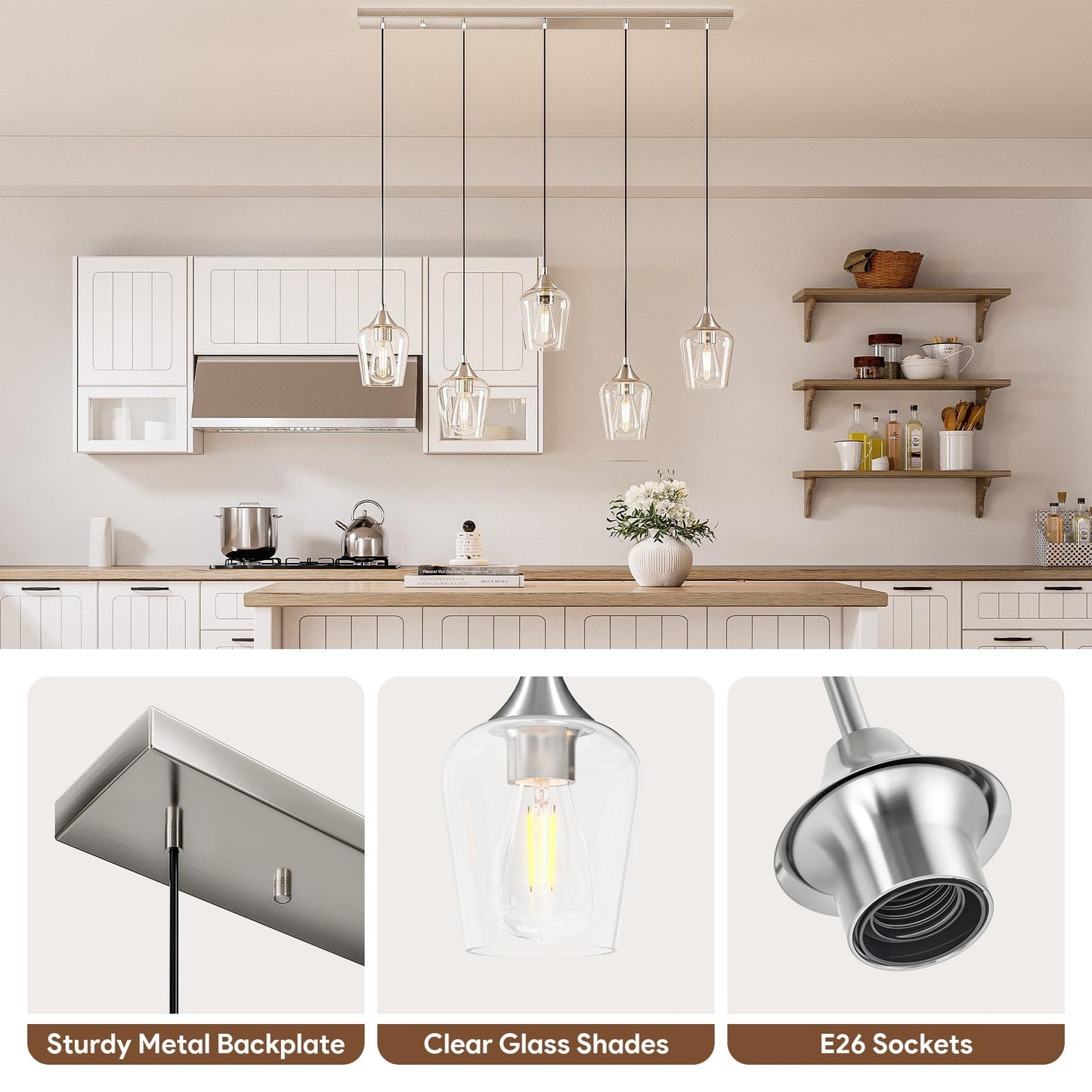 Vonluce 5-Light Pendant Light Kitchen Island  Pendant Light Fixture With 10-55 Height  Modern Pendant Lighting With Wine Glass Shades For Living Room Hallway  Brushed Nickel  Etl Certificated