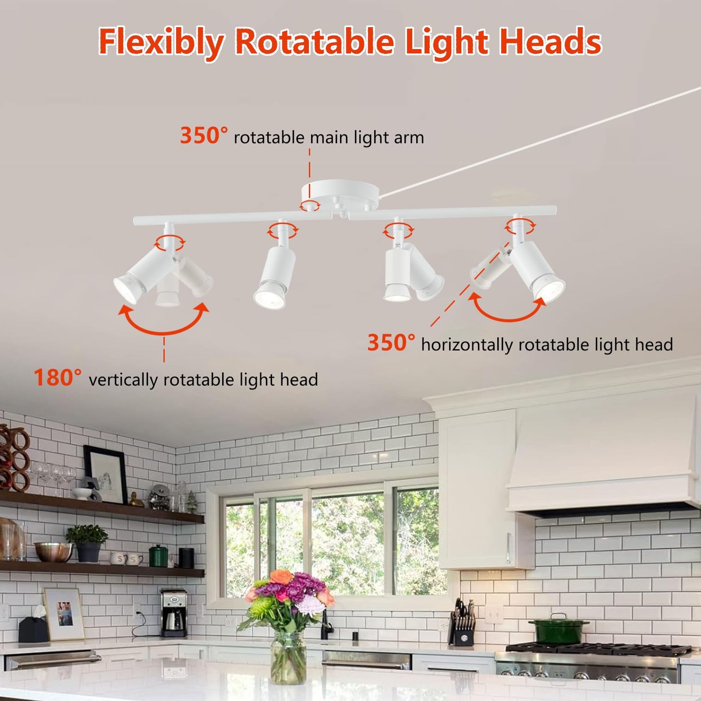 Vivihobb Dimmable Plug In Track Light White 4 Light Plug In Ceiling Lighting Fixture With 16.4 Long Cord 4 Way Ceiling Spotlight Rotatable Wall Mount Light Head Led Dimmable Spot Bulbs Included