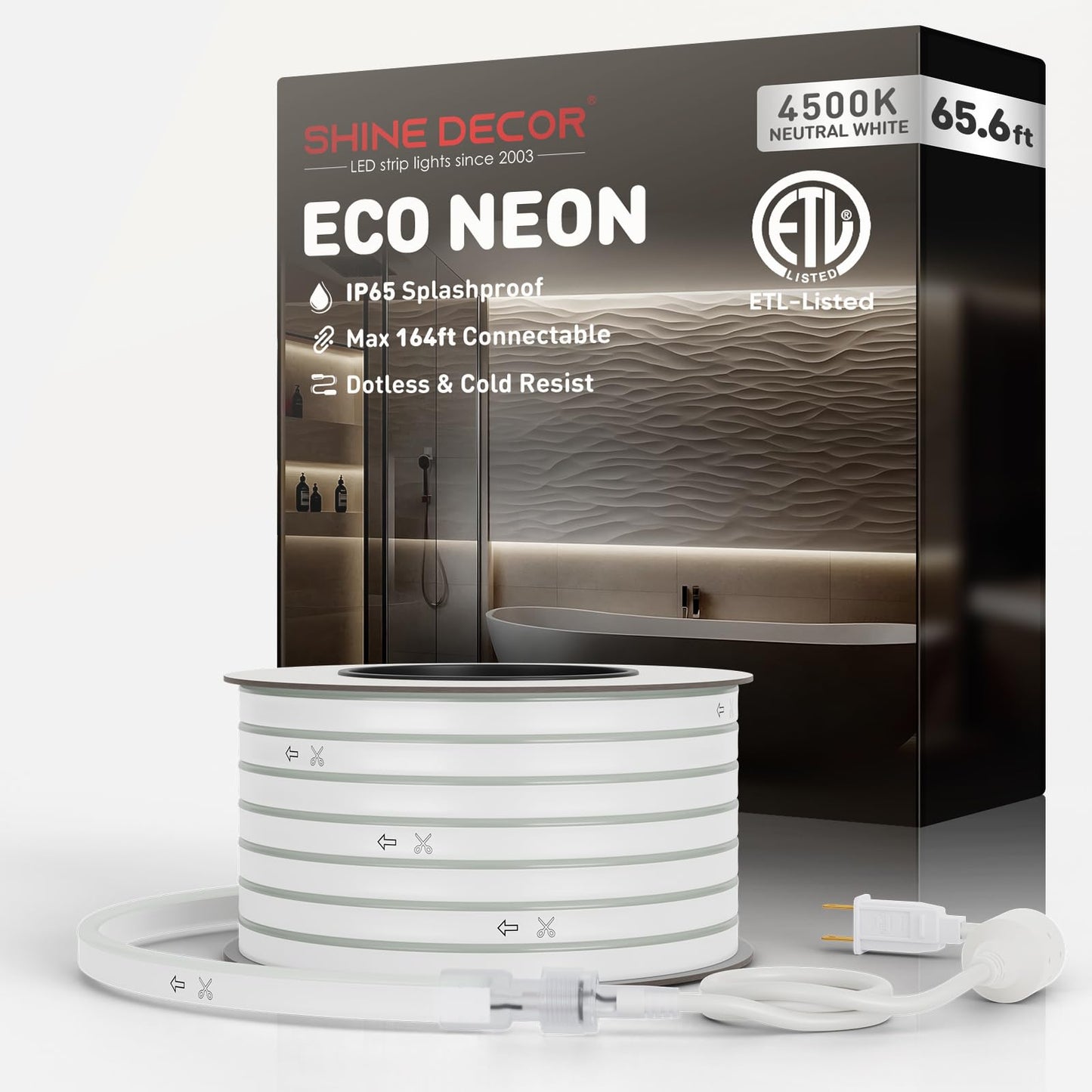 Shine Decor LED Neon Rope Lights, 65.6FT, Cool White, Waterproof PVC, ETL Plug&Play, 120LED/M for Home/Commercial Use