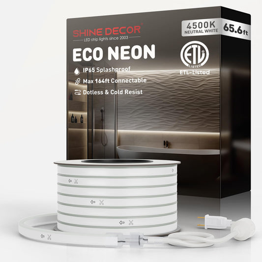 Shine Decor LED Neon Rope Lights, 65.6FT, Cool White, Waterproof PVC, ETL Plug&Play, 120LED/M for Home/Commercial Use