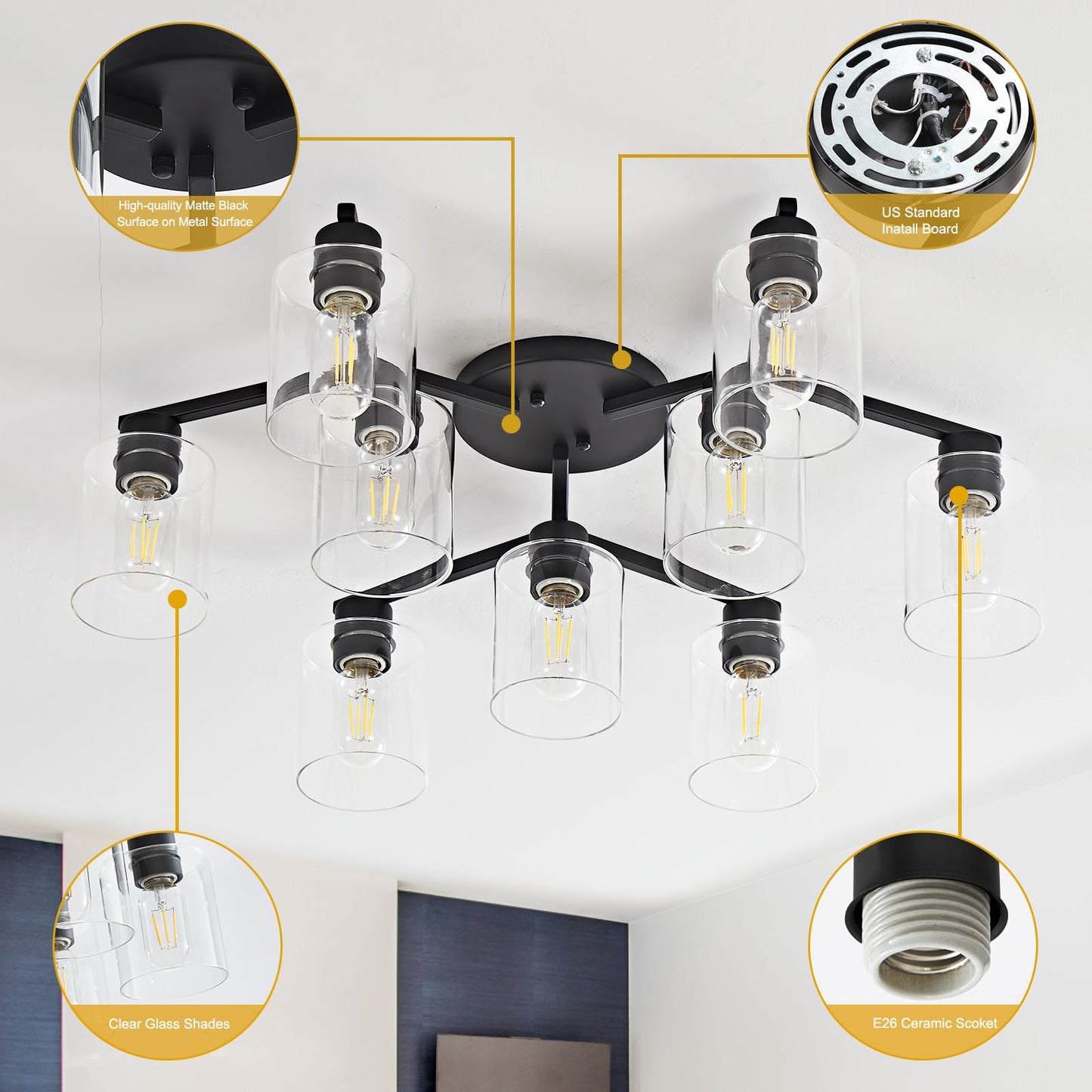9 Light Kitchen Lighting Fixtures Ceiling Black Semi Flush Mount Ceiling Light Fixture Large Living Room Lighting Cieling Lamps For Dining Room Living Room Light Fixture With Clear Glass Shades