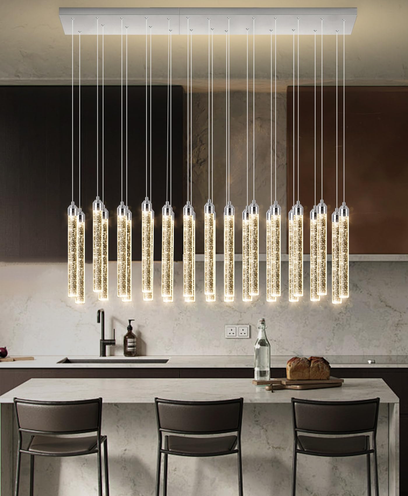 Rectangular Chandeliers 26-Lights Long Light For Entryway Led Dimmable Chandeliers Lighting Fixture Flat Sloped High Ceiling Pendant Lights Crystal For Living Room Foyer Hallway Staircase Silver
