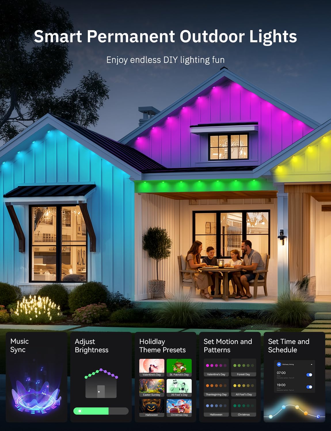 Lemonlovely 100Ft Permanent Outdoor Ic+Rgb Lights  Ip67 Waterproof Smart Led Eaves Lights With App/Remote Control  Christmas Halloween Outdoor Light With Diy Decor For House Roof And Garden Lighting