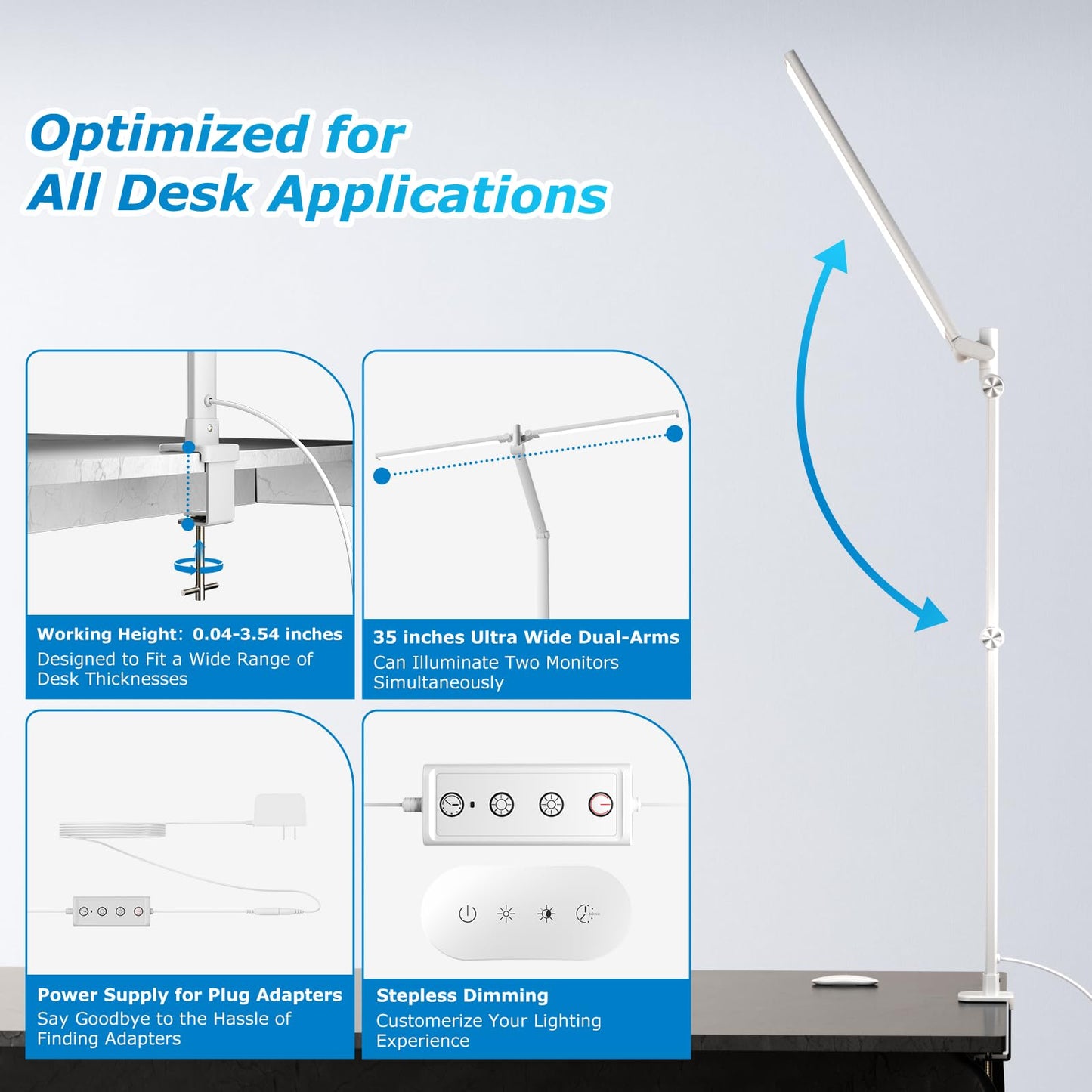 Airlonv Led Desk Lamp  Double Swing Arm Wide Lighting Area Desk Lamps For Home Office With Stepless Dimming  Eye-Caring Architect Desk Light With Clamp For Reading  Study  Workbench  Drafting(White)