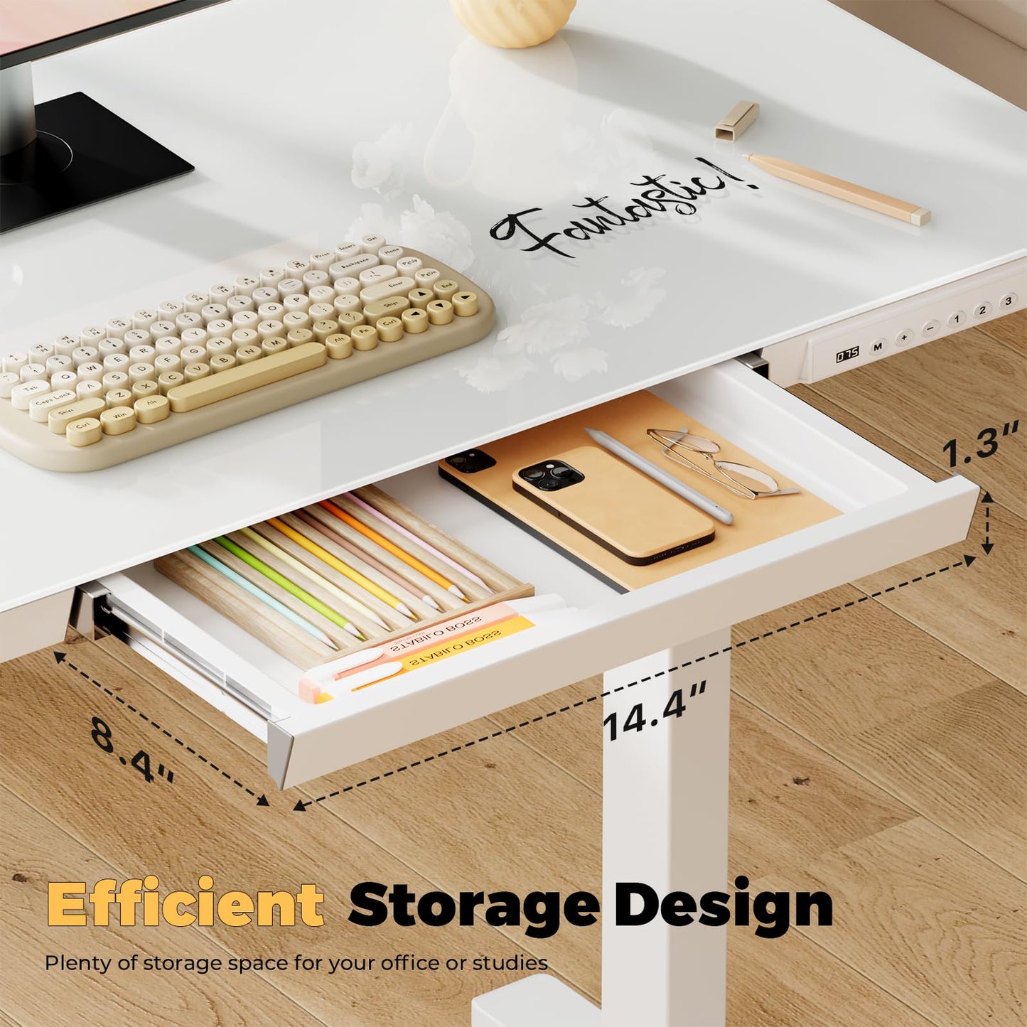 JYLH JOYSEEKER Glass Small Standing Desk with Drawer, 31.5" x 20" Whole Piece Electric Sit Stand Table, Height Adjustable Desk with Storage & USB Ports, Quick Install Home Office Computer Desk, White