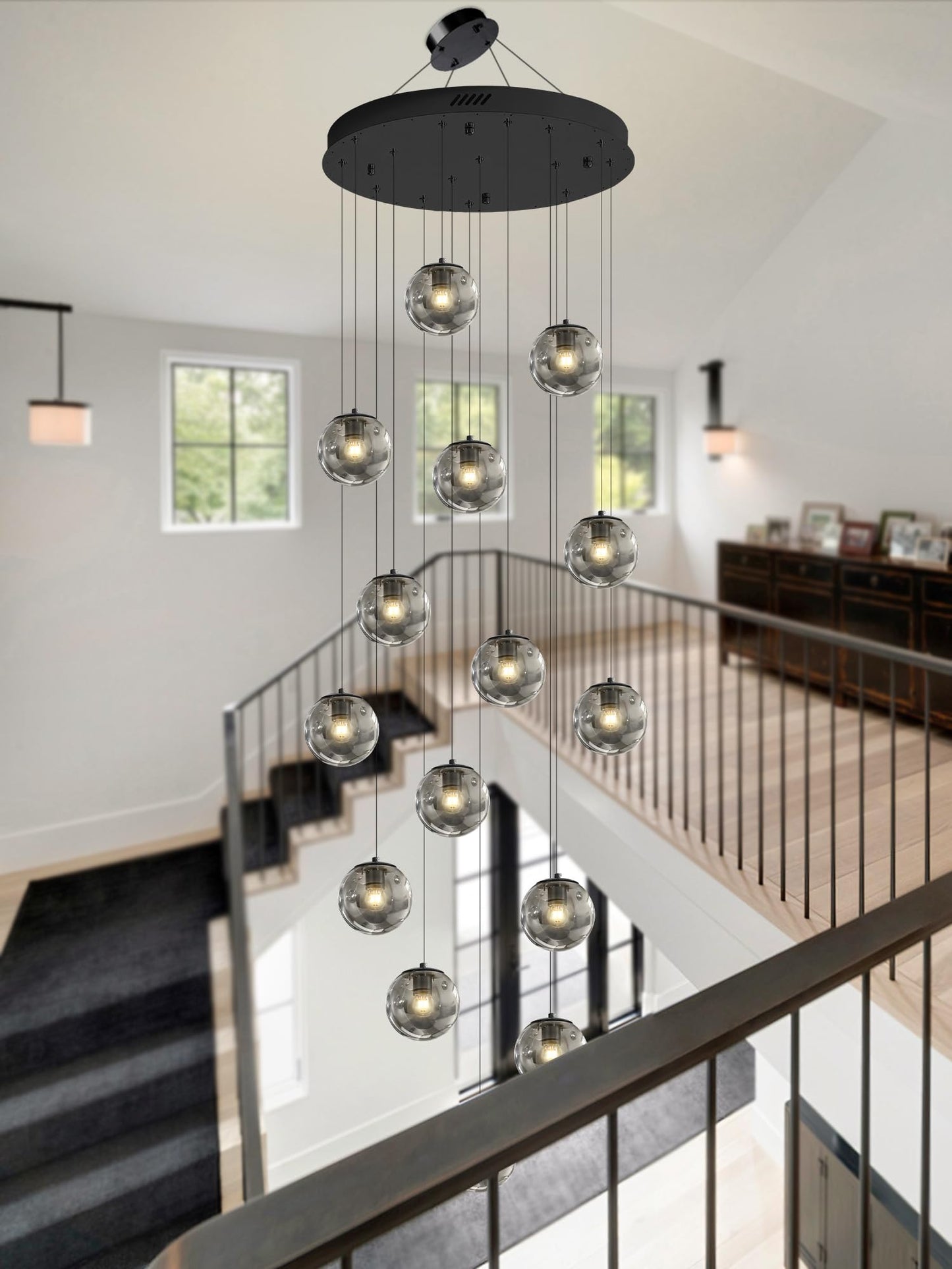Ykolupty H138 Modern Smoke Gray Glass Globe Chandelier Large Chandeliers For High Ceiling 15-Lights Entryway Modern Lighting Fixture Glass Globe Pendant Light For Living Room Foyer Hallway