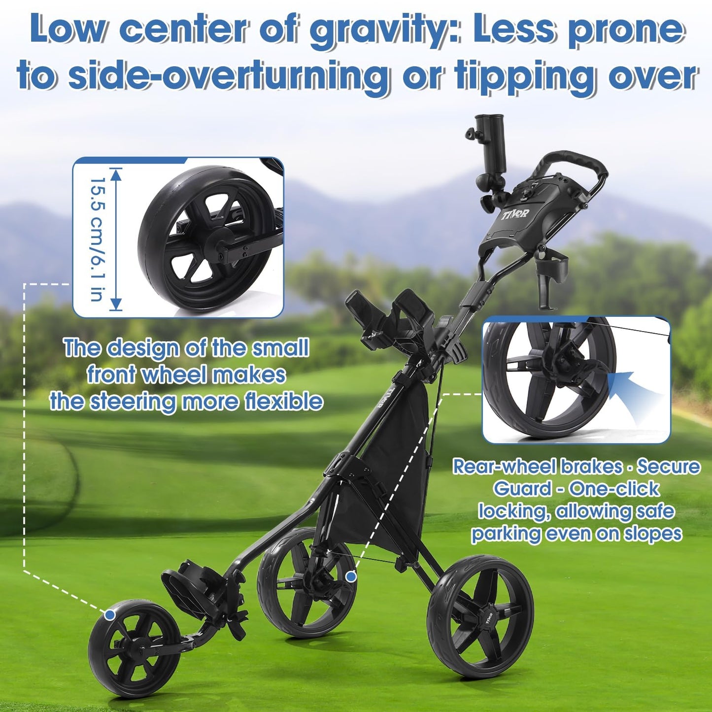 3 Wheel Golf Push Cart,Lightweight Golf Pull Cart with Quad-Fold Frame,and Cleaning Kit Golf,Cooler Bag,Cup/Phone/Umbrella Holder Compact Golf cart-black