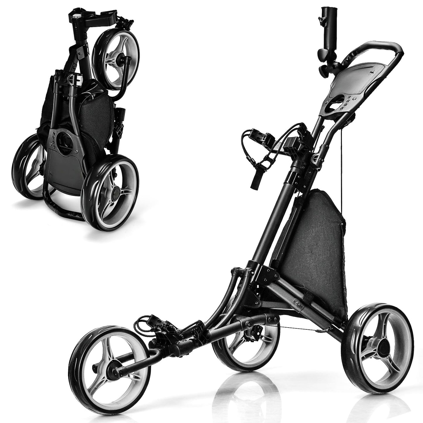 ULTIMATE 3 Wheel Golf Push Cart, Aluminum Folding Golf Walking Push Cart w/Elastic Strap, Umbrella & Cup Holder, Scoreboard Storage, Insulated Storage Bag, Adjustable Handle & Foot Brake (Gray)